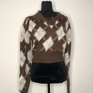 Cider Womens Sweater S Brown Jumper Check‎ Knit Long Sleeve Pullover Top